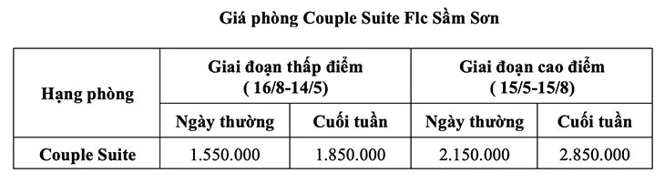 giá phòng couple suite flc sầm sơn