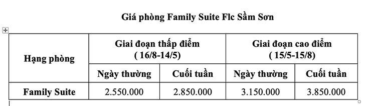 giá phòng Family suite